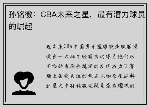 孙铭徽：CBA未来之星，最有潜力球员的崛起